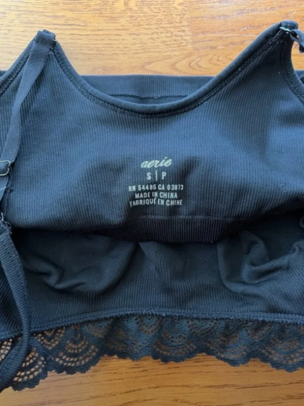 Aerie Bra Top Black Crop Ribbed Seamless Lace Trim Longline Real Me S Chill Cami